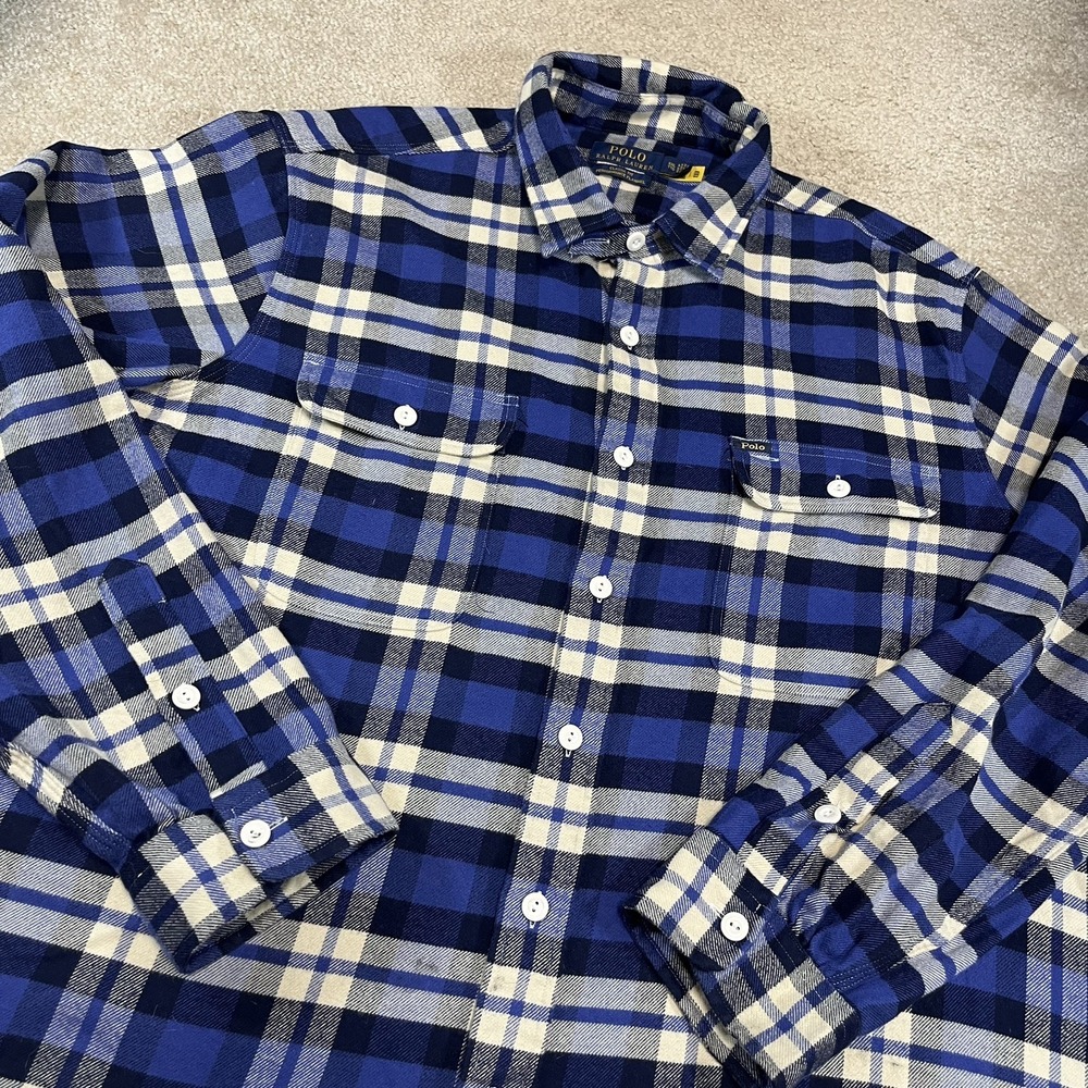 POLO RALPH LAUREN CLASSIC FIT PERFORMANCE FLANNEL SHIRT BLUE MENS 2XL EUC